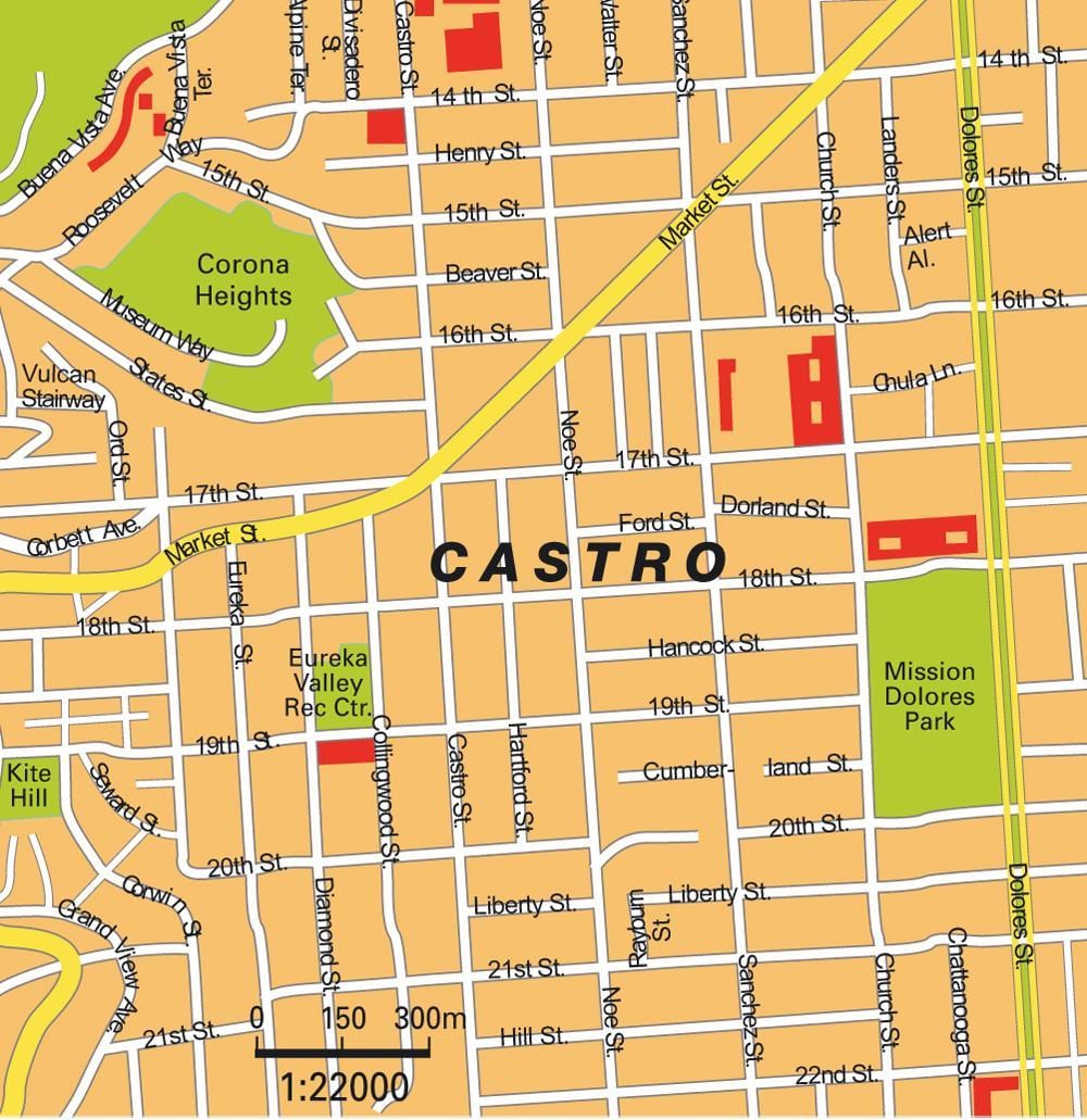 kort af castro hverfi í San Francisco