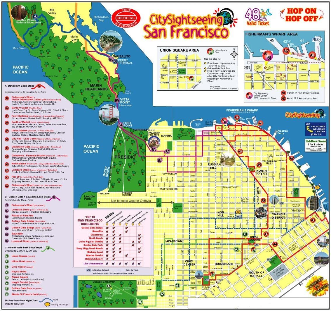 San Francisco hoppa á hop af strætó ferð kort