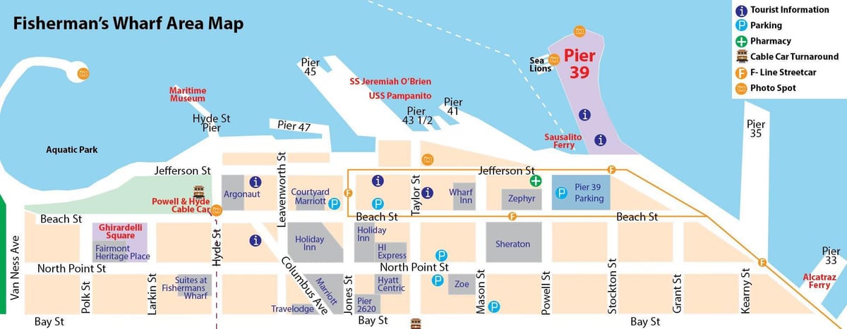 Kort af San Francisco pier 39 svæði
