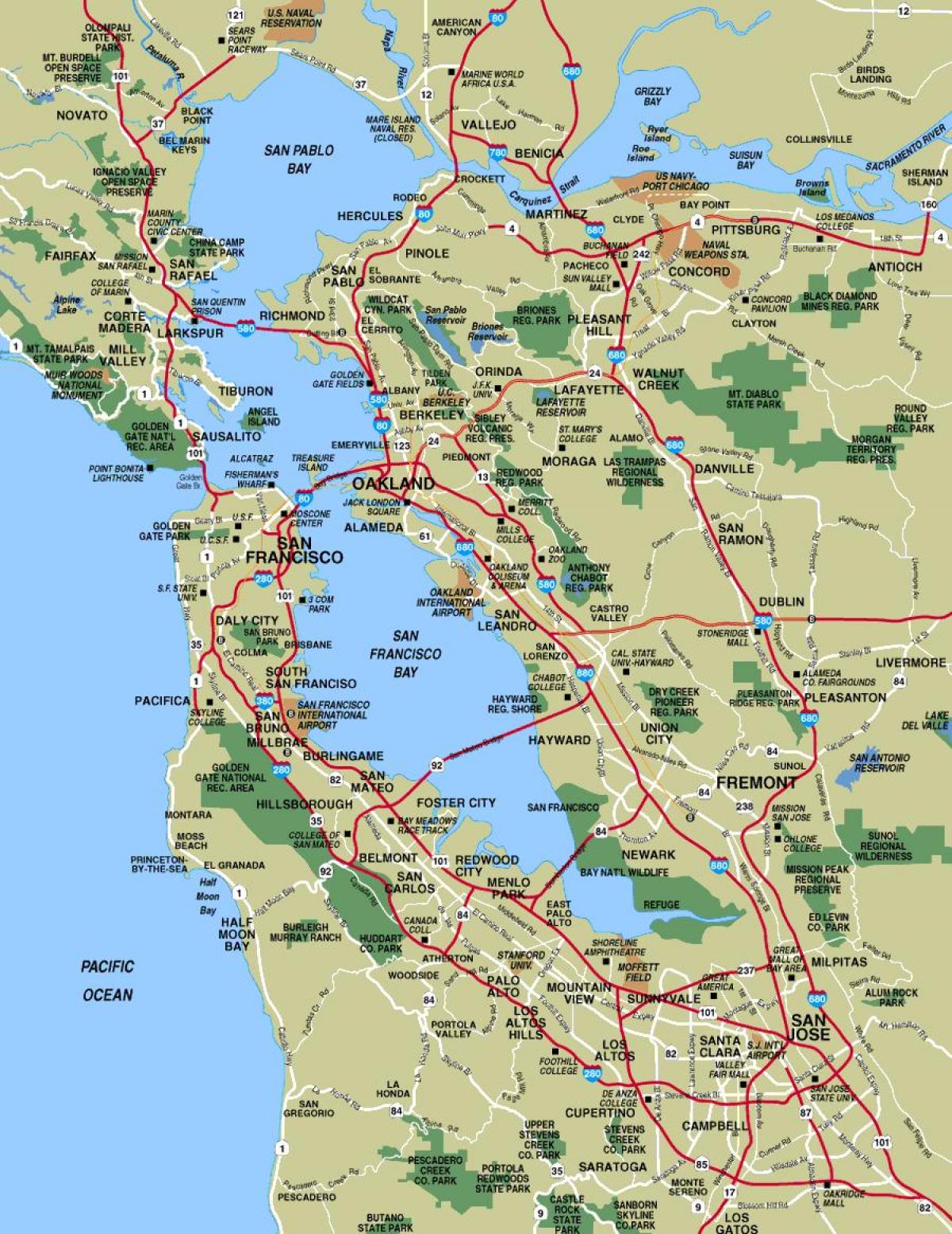 Kort af San Francisco svæðinu bæjum
