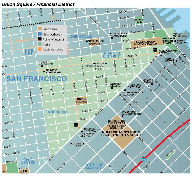 Kort af union-torg svæði San Francisco