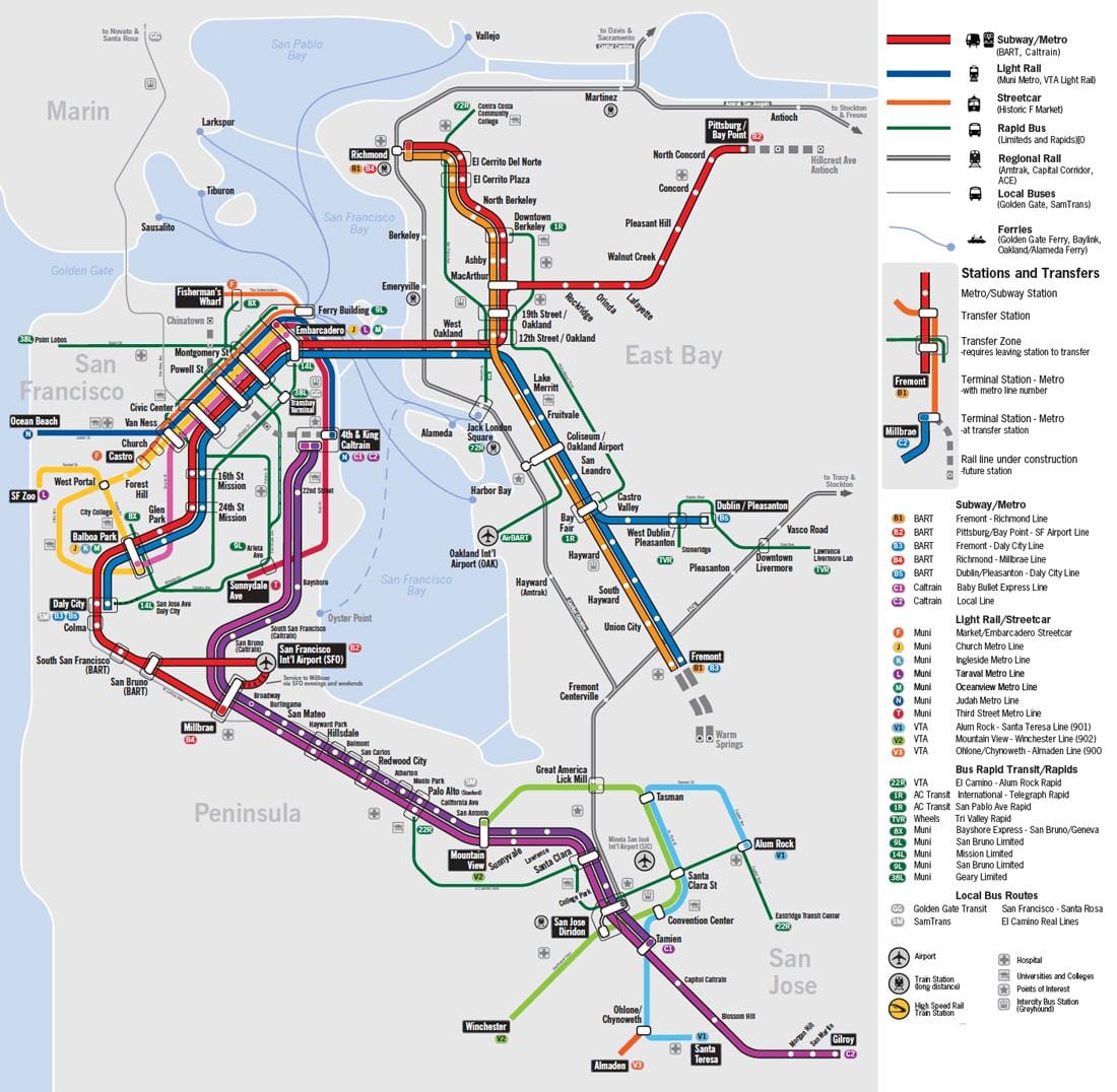 kort á við almennings-samgöngur til San Francisco