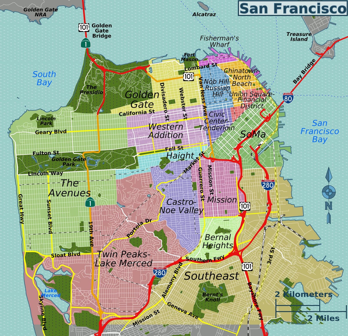 götunni kort af San Francisco í kaliforníu