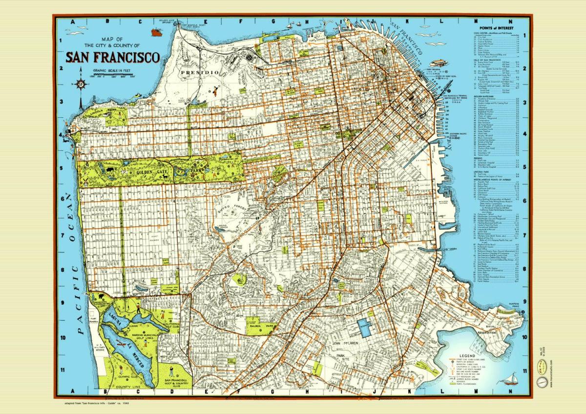 Kort af San Francisco götunni veggspjald