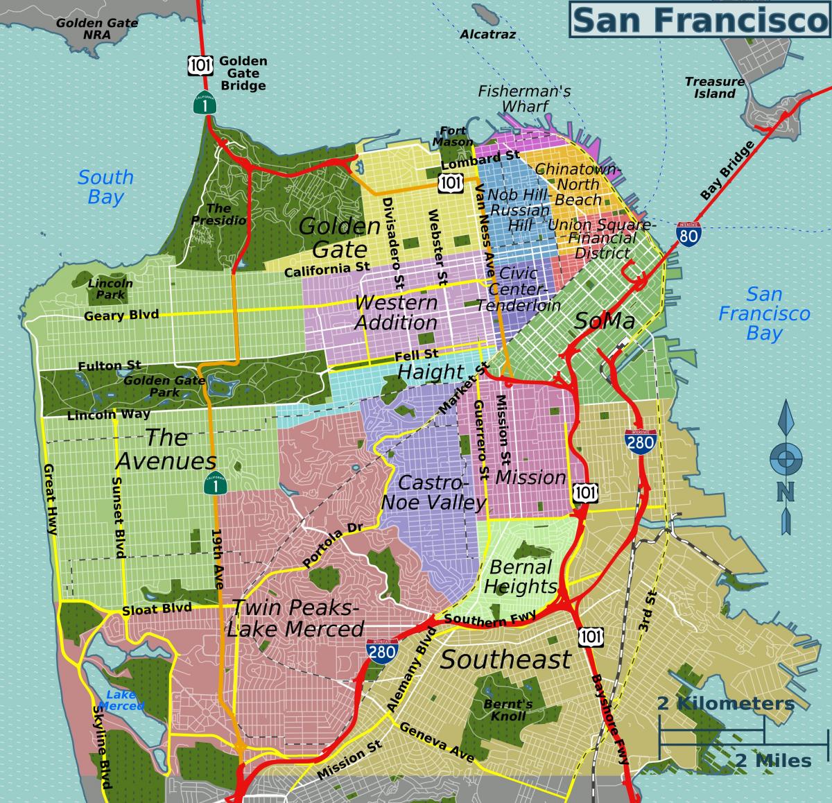 götunni kort af San Francisco í kaliforníu