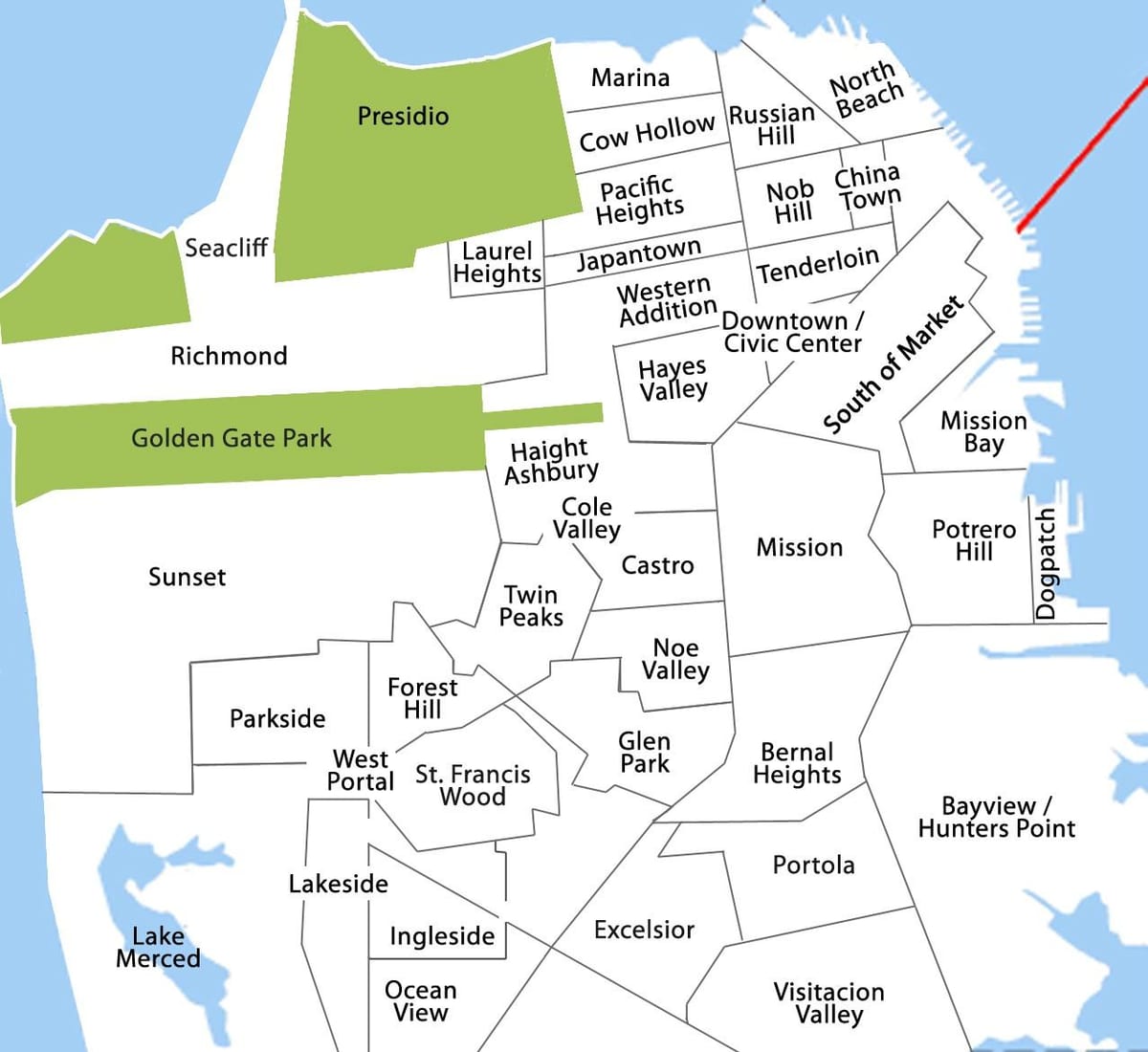 Kort af San Francisco hverfinu fyndið