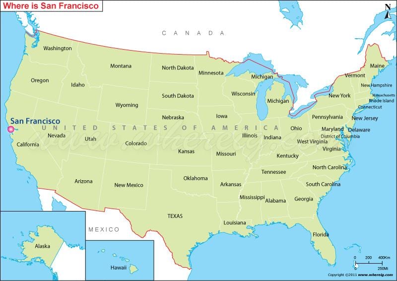 kort af San Francisco í kaliforníu í bandaríkjunum