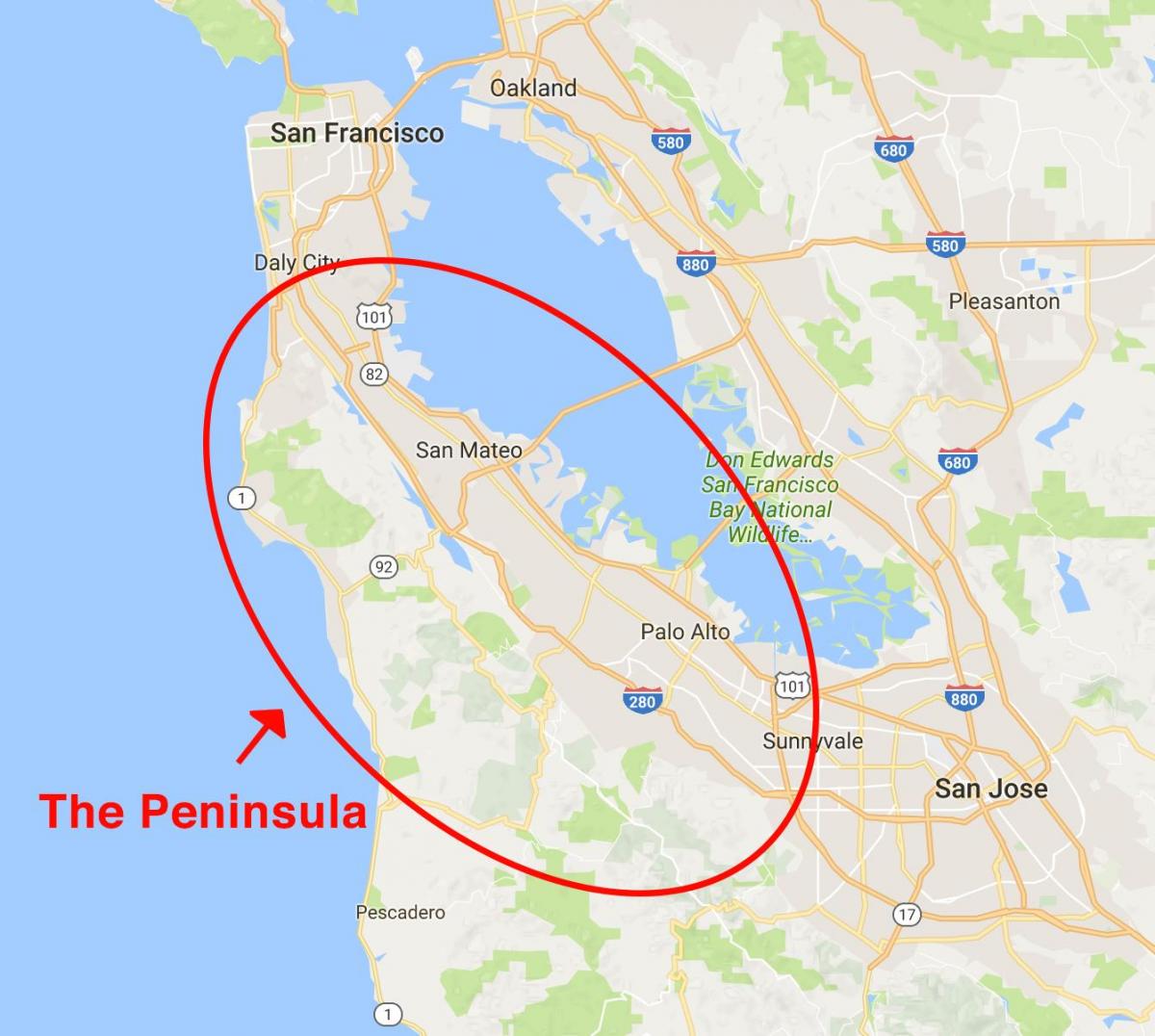 Kort af San Francisco peninsula 