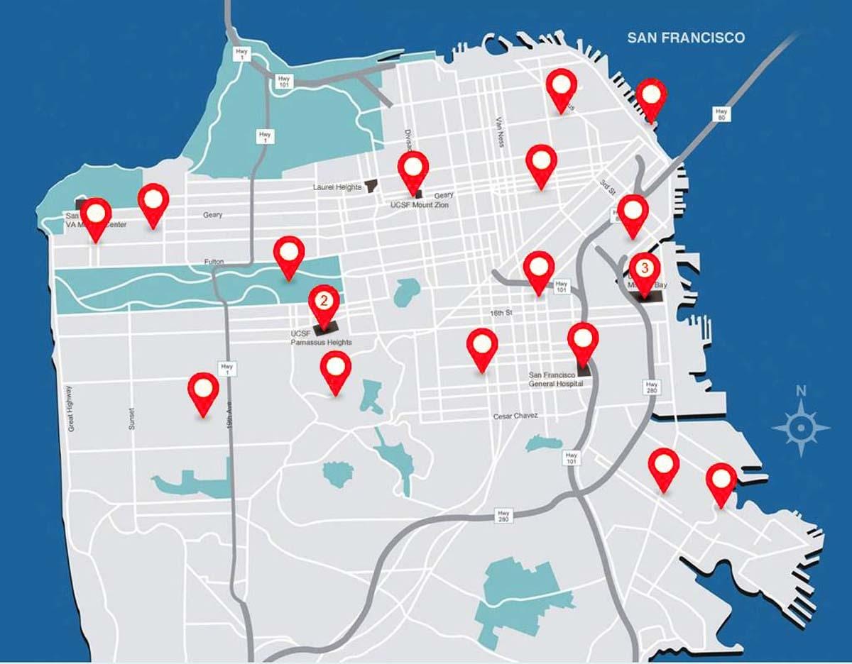 Kort af San Francisco sjúkrahúsum