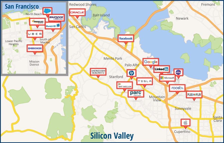 Kort af silicon valley ferð