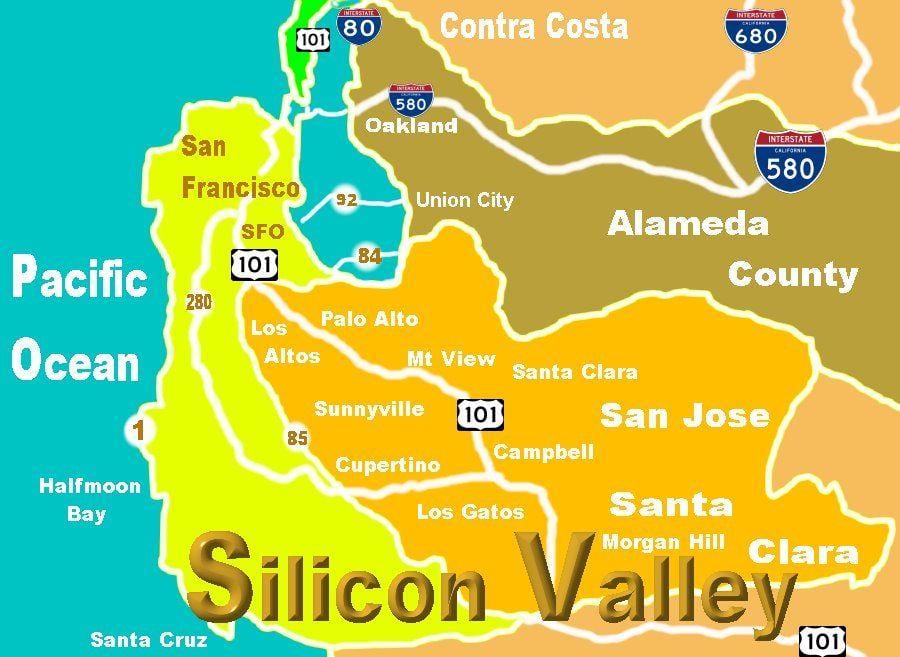 Kort af silicon valley staðsetningu