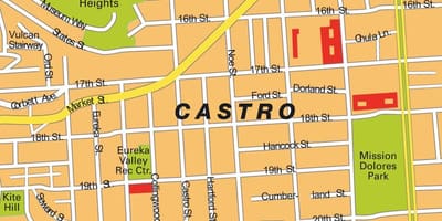 Kort af castro hverfi í San Francisco
