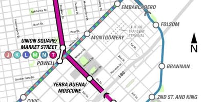 Central neðanjarðarlestinni San Francisco kort